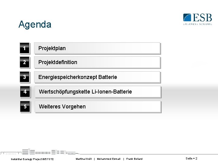 Agenda 1 Projektplan 2 Projektdefinition 3 Energiespeicherkonzept Batterie 4 Wertschöpfungskette Li-Ionen-Batterie 5 Weiteres Vorgehen Agenda 1 Projektplan 2 Projektdefinition 3 Energiespeicherkonzept Batterie 4 Wertschöpfungskette Li-Ionen-Batterie 5 Weiteres Vorgehen