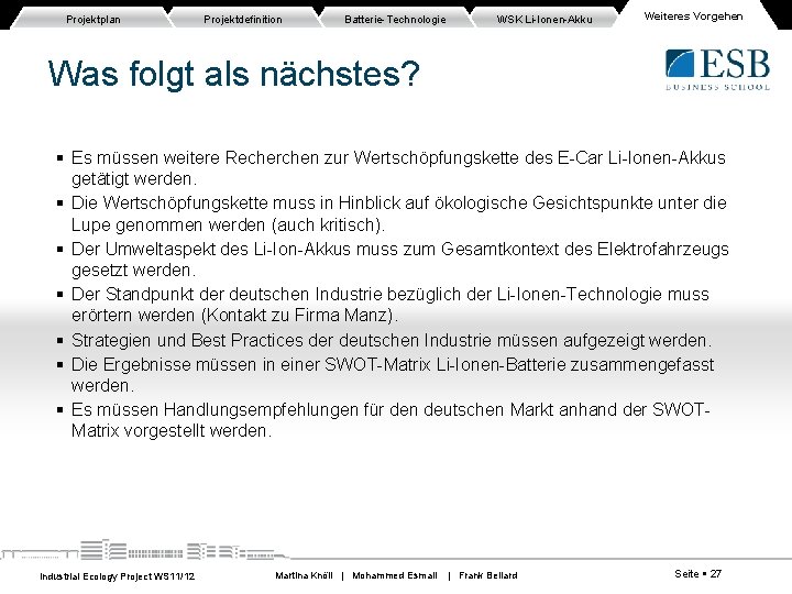 Projektplan Projektdefinition Batterie-Technologie WSK Li-Ionen-Akku Weiteres Vorgehen Was folgt als nächstes? Es müssen weitere Projektplan Projektdefinition Batterie-Technologie WSK Li-Ionen-Akku Weiteres Vorgehen Was folgt als nächstes? Es müssen weitere