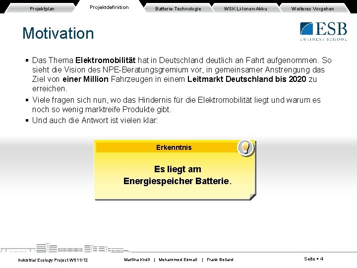 Projektplan Projektdefinition Batterie-Technologie WSK Li-Ionen-Akku Weiteres Vorgehen Motivation Das Thema Elektromobilität hat in Deutschland Projektplan Projektdefinition Batterie-Technologie WSK Li-Ionen-Akku Weiteres Vorgehen Motivation Das Thema Elektromobilität hat in Deutschland