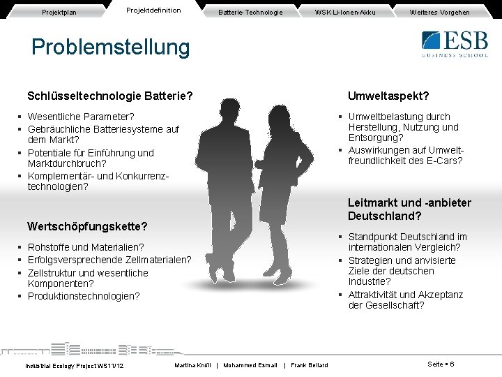 Projektplan Projektdefinition Batterie-Technologie WSK Li-Ionen-Akku Weiteres Vorgehen Problemstellung Schlüsseltechnologie Batterie? Umweltaspekt? Wesentliche Parameter? Gebräuchliche Projektplan Projektdefinition Batterie-Technologie WSK Li-Ionen-Akku Weiteres Vorgehen Problemstellung Schlüsseltechnologie Batterie? Umweltaspekt? Wesentliche Parameter? Gebräuchliche