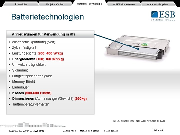 Projektplan Projektdefinition Batterie-Technologie WSK Li-Ionen-Akku Weiteres Vorgehen Batterietechnologien Anforderungen für Verwendung in Kfz elektrische Projektplan Projektdefinition Batterie-Technologie WSK Li-Ionen-Akku Weiteres Vorgehen Batterietechnologien Anforderungen für Verwendung in Kfz elektrische