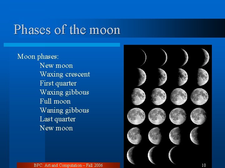 Phases of the moon Moon phases: New moon Waxing crescent First quarter Waxing gibbous