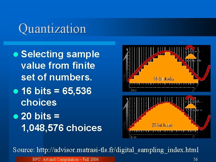Quantization l Selecting sample value from finite set of numbers. l 16 bits =