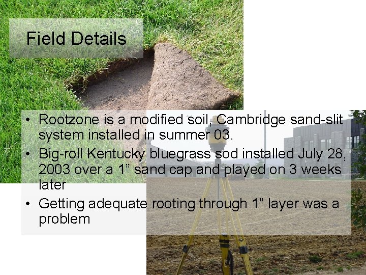 Field Details • Rootzone is a modified soil, Cambridge sand-slit system installed in summer