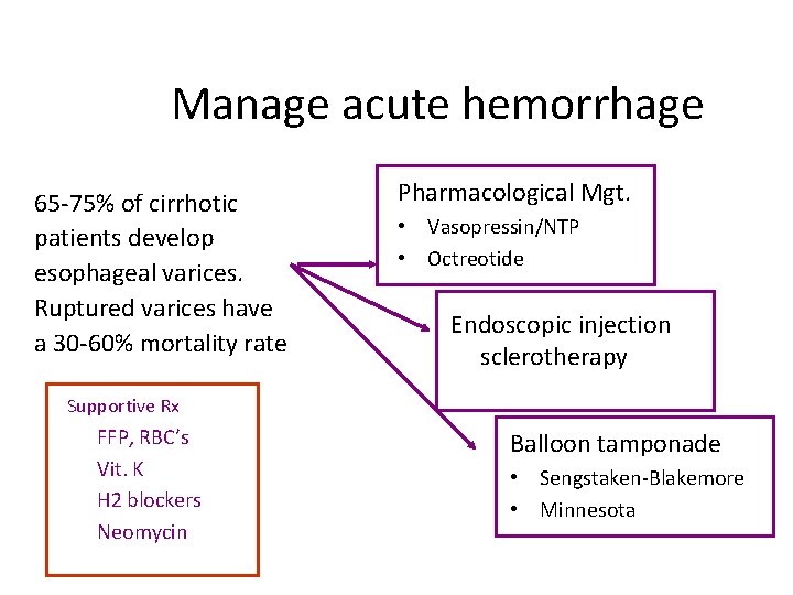 Manage acute hemorrhage 65 -75% of cirrhotic patients develop esophageal varices. Ruptured varices have
