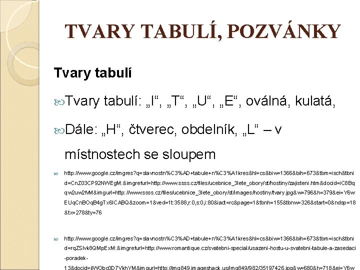 TVARY TABULÍ, POZVÁNKY Tvary tabulí: „I“, „T“, „U“, „E“, oválná, kulatá, Dále: „H“, čtverec,