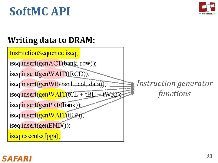 Soft. MC API Writing data to DRAM: Instruction. Sequence iseq; iseq. insert(gen. ACT(bank, row));
