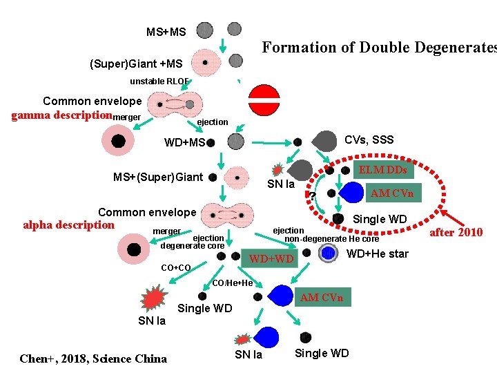 MS+MS Formation of Double Degenerates (Super)Giant +MS unstable RLOF Common envelope Algol, BSs gamma