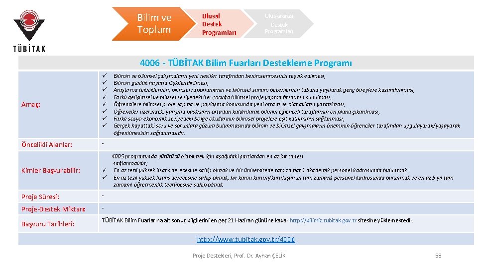Bilim ve Toplum Ulusal Destek Programları Uluslararası Destek Programları 4006 - TÜBİTAK Bilim Fuarları Bilim ve Toplum Ulusal Destek Programları Uluslararası Destek Programları 4006 - TÜBİTAK Bilim Fuarları