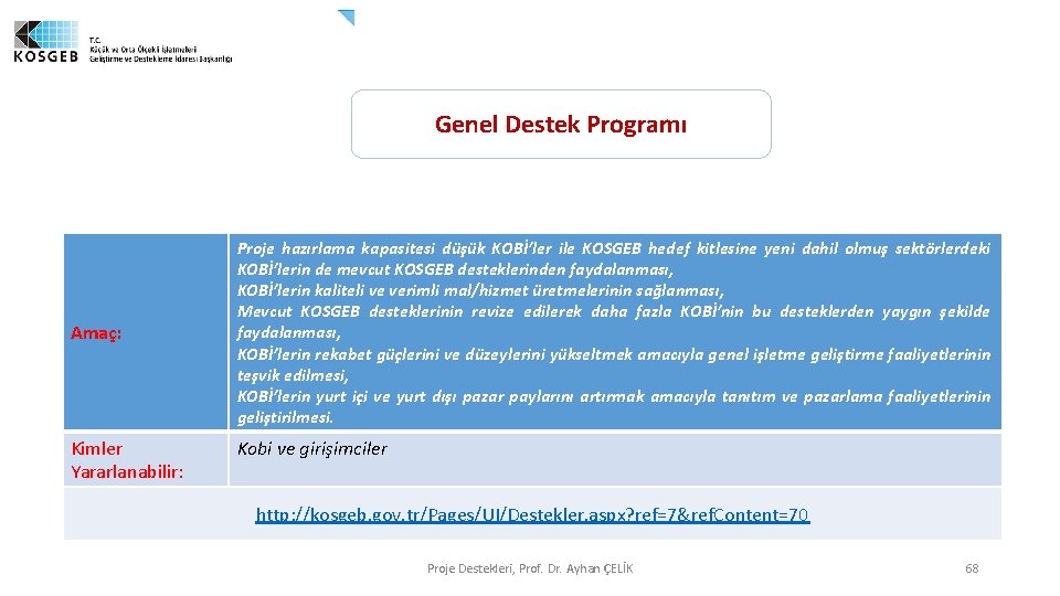 Genel Destek Programı Amaç: Kimler Yararlanabilir: Proje hazırlama kapasitesi düşük KOBİ’ler ile KOSGEB hedef Genel Destek Programı Amaç: Kimler Yararlanabilir: Proje hazırlama kapasitesi düşük KOBİ’ler ile KOSGEB hedef