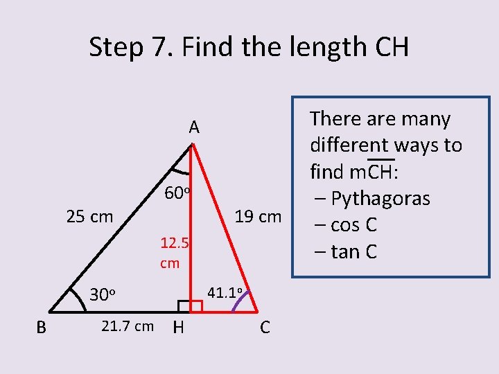 Step 7. Find the length CH A 25 cm 60 o 19 cm 12.