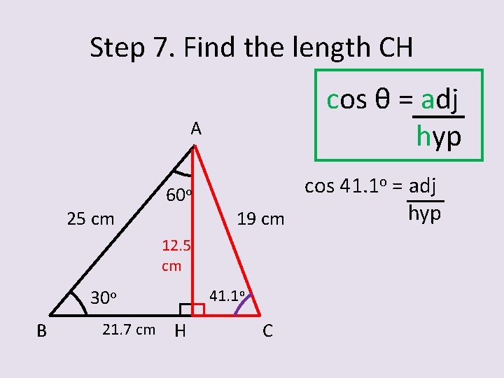 Step 7. Find the length CH cos θ = adj hyp A 25 cm