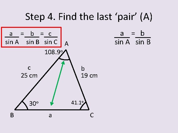 Step 4. Find the last ‘pair’ (A) a = b sin A sin B