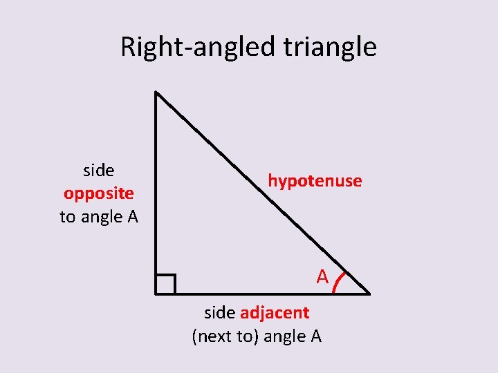 Right-angled triangle side opposite to angle A hypotenuse A side adjacent (next to) angle