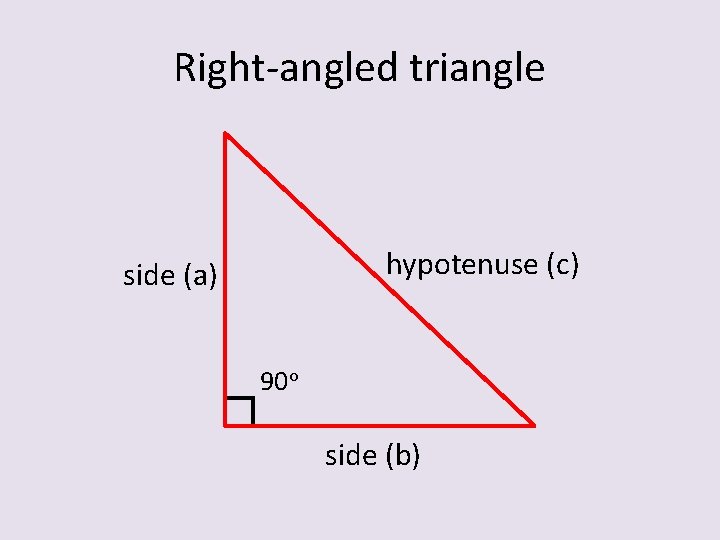 Right-angled triangle hypotenuse (c) side (a) 90 o side (b) 