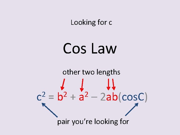 Looking for c Cos Law other two lengths 2 c = 2 b +