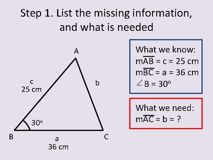 Step 1. List the missing information, and what is needed What we know: m.