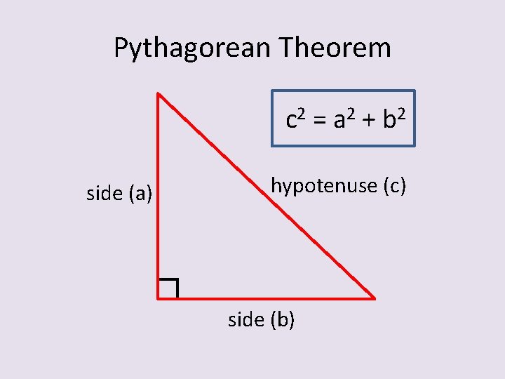 Pythagorean Theorem c 2 = a 2 + b 2 side (a) hypotenuse (c)