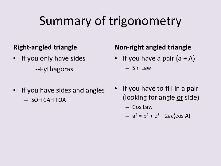 Summary of trigonometry Right-angled triangle Non-right angled triangle • If you only have sides