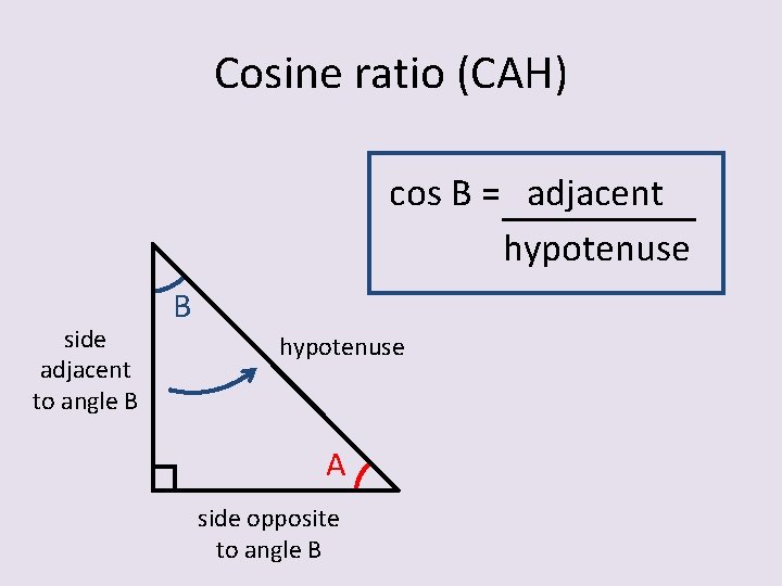 Cosine ratio (CAH) cos B = adjacent hypotenuse side adjacent to angle B B