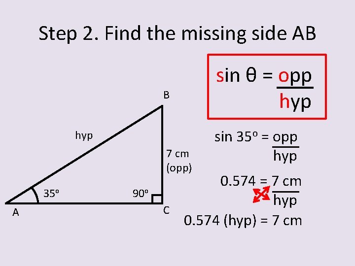 Step 2. Find the missing side AB sin θ = opp hyp B hyp