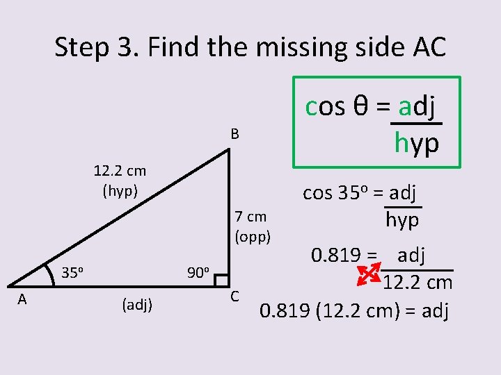 Step 3. Find the missing side AC cos θ = adj hyp B 12.