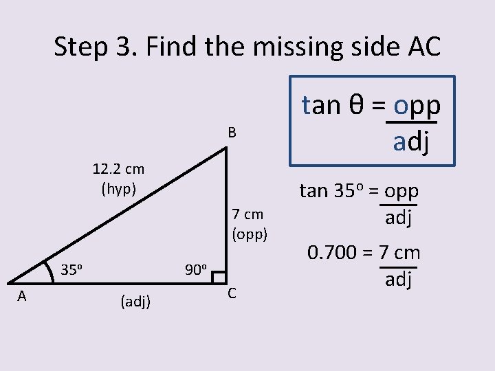 Step 3. Find the missing side AC B 12. 2 cm (hyp) 7 cm
