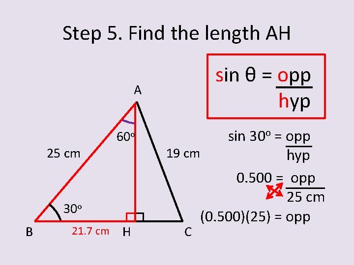 Step 5. Find the length AH sin θ = opp hyp A 25 cm