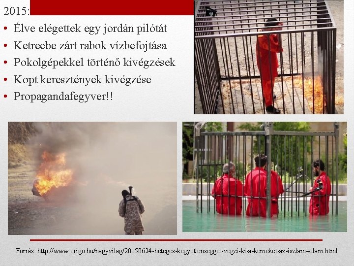 2015: • Élve elégettek egy jordán pilótát • Ketrecbe zárt rabok vízbefojtása • Pokolgépekkel
