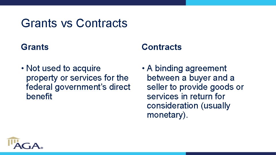 Grants vs Contracts Grants Contracts • Not used to acquire property or services for