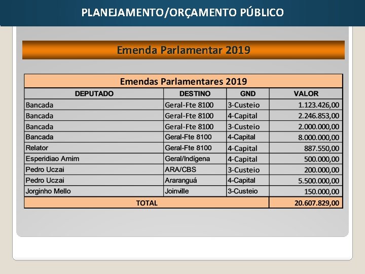 PLANEJAMENTO/ORÇAMENTO PÚBLICO Emenda Parlamentar 2019 