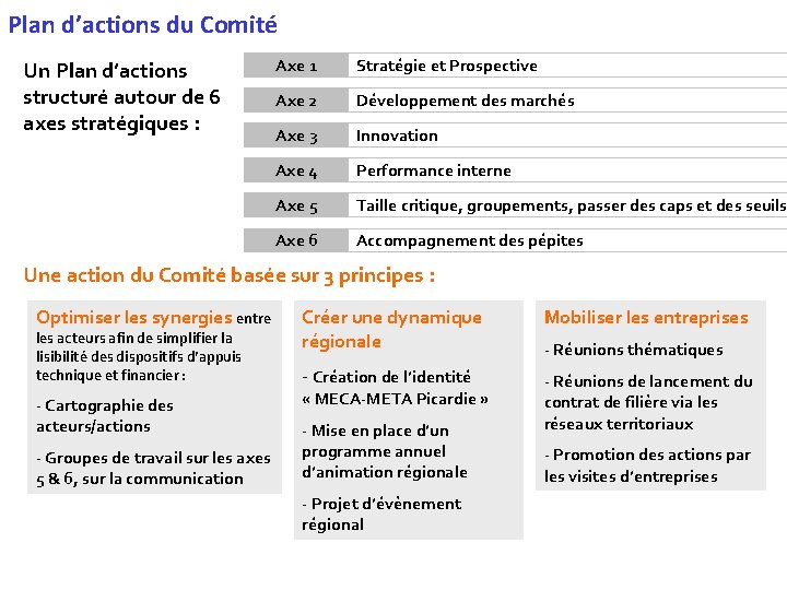 Plan d’actions du Comité Un Plan d’actions structuré autour de 6 axes stratégiques :