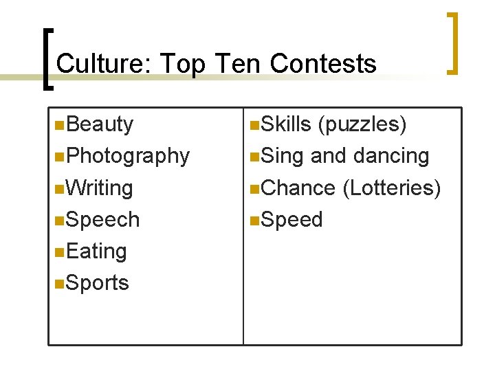 Culture: Top Ten Contests n. Beauty n. Photography n. Writing n. Speech n. Eating