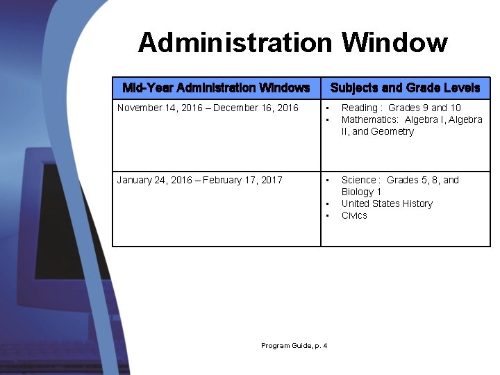 Administration Window Mid-Year Administration Windows Subjects and Grade Levels November 14, 2016 – December