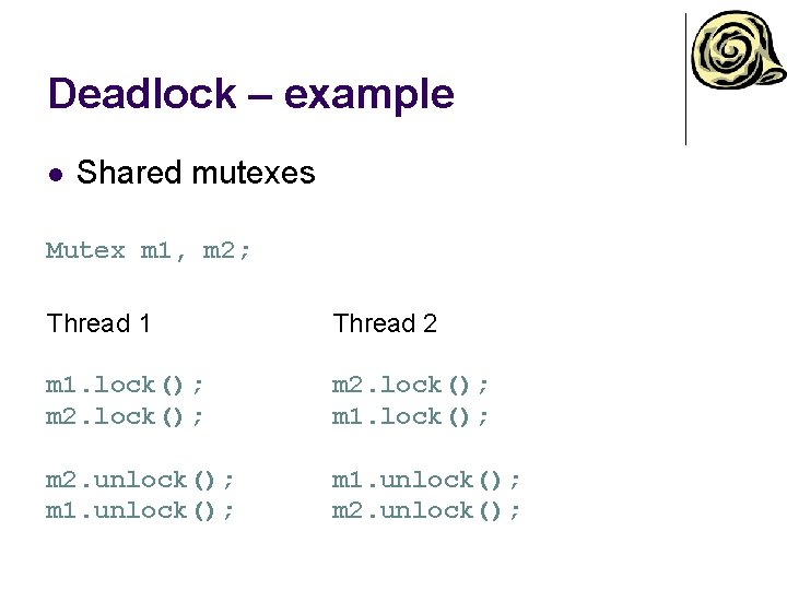 Deadlock – example l Shared mutexes Mutex m 1, m 2; Thread 1 Thread