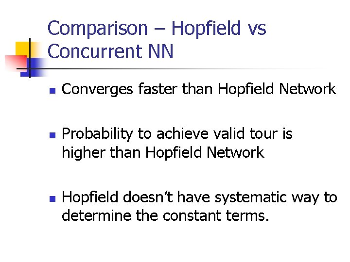 Comparison – Hopfield vs Concurrent NN n n n Converges faster than Hopfield Network