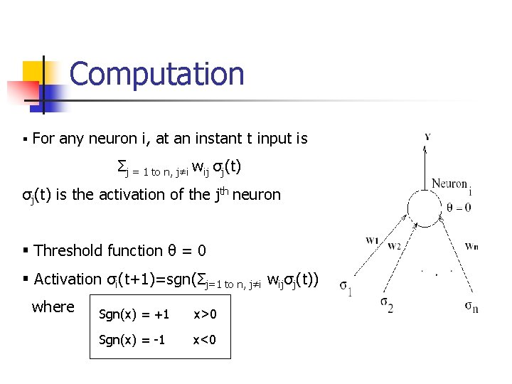 Computation § For any neuron i, at an instant t input is Σj =