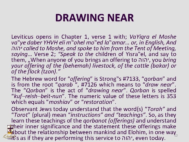 DRAWING NEAR Leviticus opens in Chapter 1, verse 1 with; Va. Yiqra el Moshe