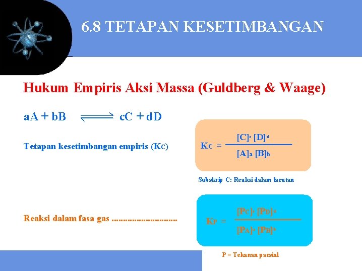 6. 8 TETAPAN KESETIMBANGAN Hukum Empiris Aksi Massa (Guldberg & Waage) a. A +