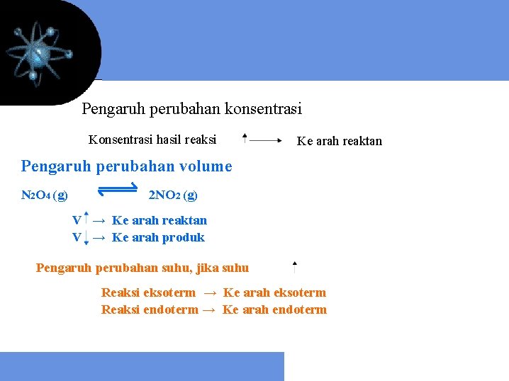 Pengaruh perubahan konsentrasi Konsentrasi hasil reaksi Ke arah reaktan Pengaruh perubahan volume N 2