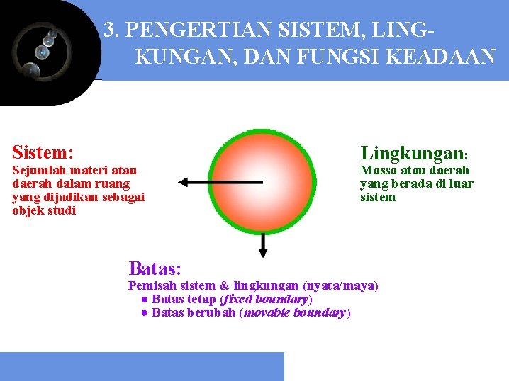 3. PENGERTIAN SISTEM, LINGKUNGAN, DAN FUNGSI KEADAAN Sistem: Sejumlah materi atau daerah dalam ruang