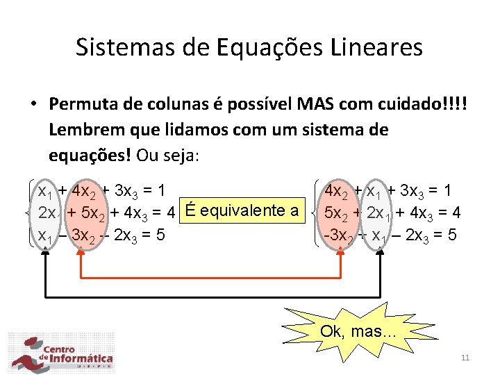 Sistemas de Equações Lineares • Permuta de colunas é possível MAS com cuidado!!!! Lembrem Sistemas de Equações Lineares • Permuta de colunas é possível MAS com cuidado!!!! Lembrem