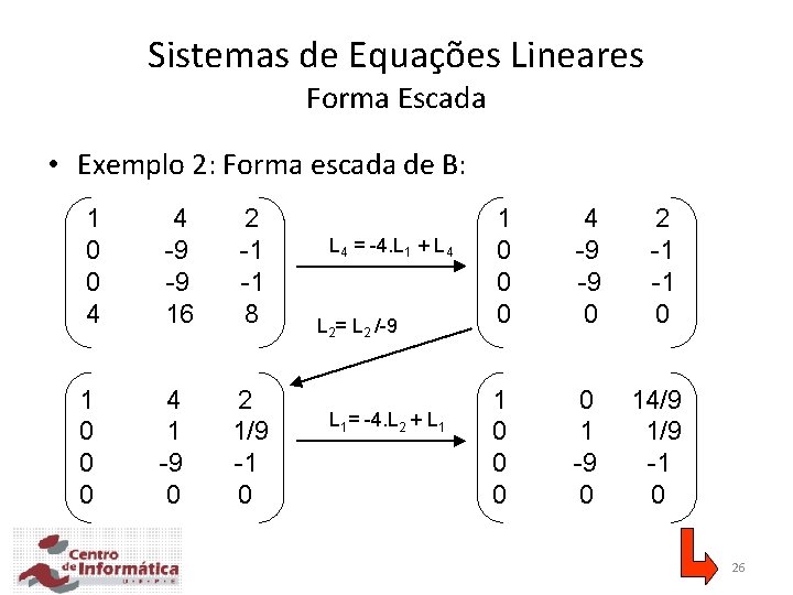 Sistemas de Equações Lineares Forma Escada • Exemplo 2: Forma escada de B: 1 Sistemas de Equações Lineares Forma Escada • Exemplo 2: Forma escada de B: 1