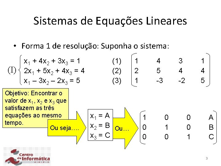 Sistemas de Equações Lineares • Forma 1 de resolução: Suponha o sistema: (I) x Sistemas de Equações Lineares • Forma 1 de resolução: Suponha o sistema: (I) x