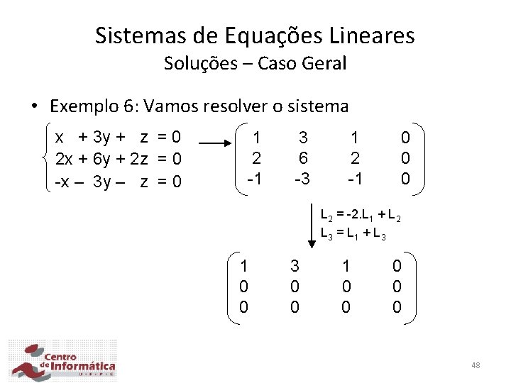 Sistemas de Equações Lineares Soluções – Caso Geral • Exemplo 6: Vamos resolver o Sistemas de Equações Lineares Soluções – Caso Geral • Exemplo 6: Vamos resolver o