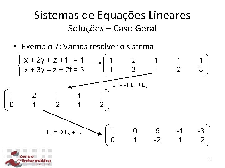 Sistemas de Equações Lineares Soluções – Caso Geral • Exemplo 7: Vamos resolver o Sistemas de Equações Lineares Soluções – Caso Geral • Exemplo 7: Vamos resolver o