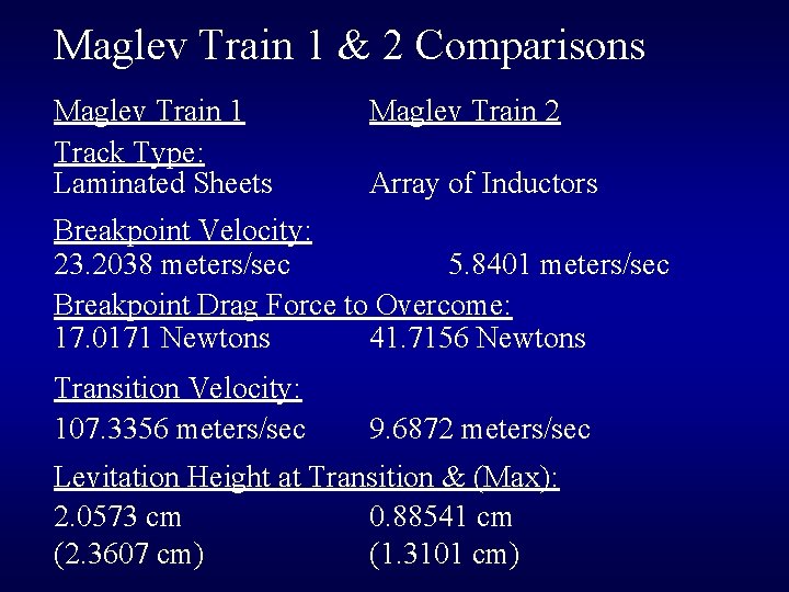 Maglev Train 1 & 2 Comparisons Maglev Train 1 Track Type: Laminated Sheets Maglev
