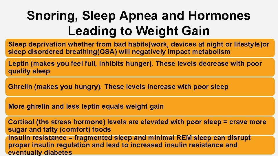 Snoring, Sleep Apnea and Hormones Leading to Weight Gain Sleep deprivation whether from bad