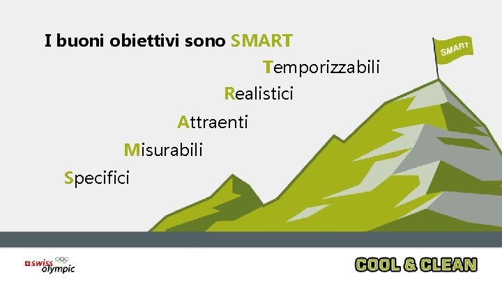I buoni obiettivi sono SMART Temporizzabili Realistici Attraenti Misurabili Specifici I buoni obiettivi sono SMART Temporizzabili Realistici Attraenti Misurabili Specifici