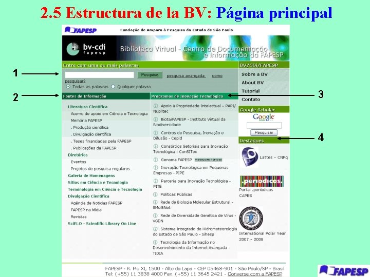 2. 5 Estructura de la BV: Página principal 1 2 3 4 